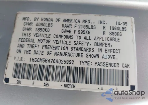 2006 Honda Accord 2.4 Lx z USA, uszkodzony, nr VIN 1HGCM56476A025992
